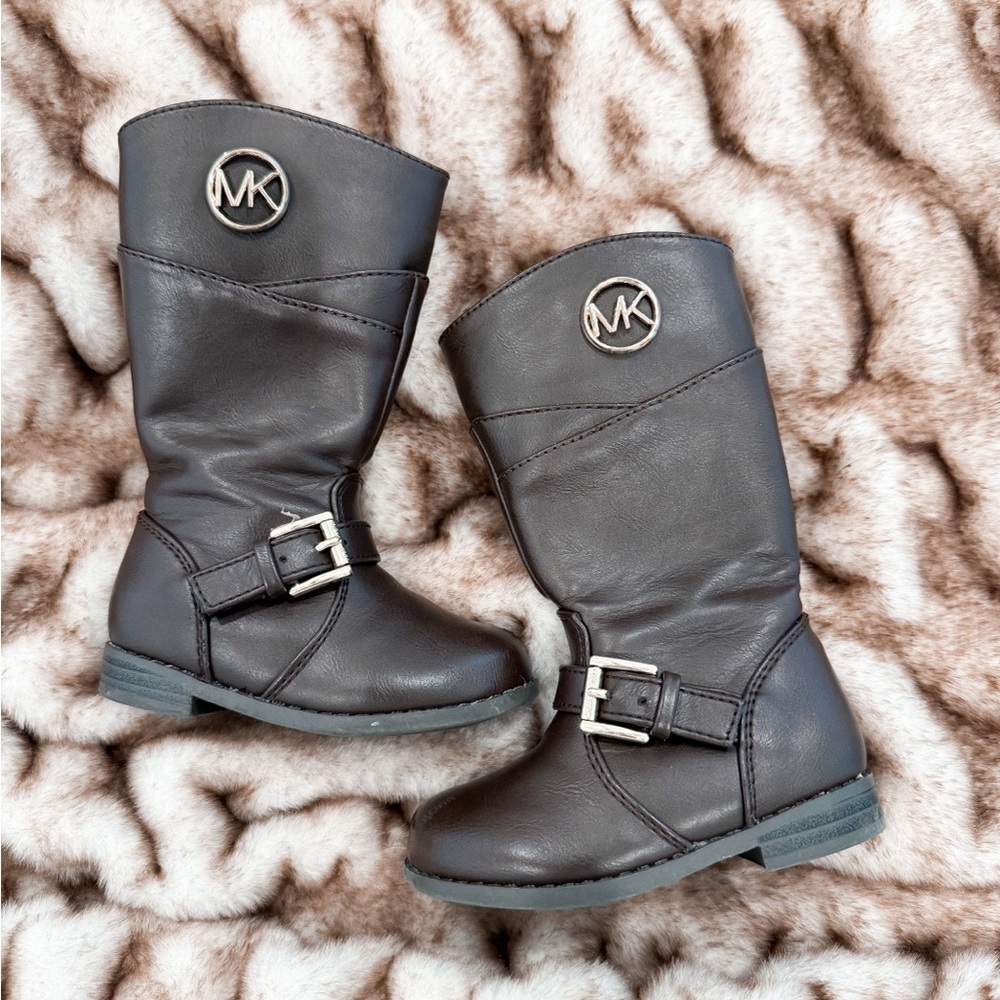Michael Kors Dark Brown Girls Leather Mid-Calf Boots with MK Emblem